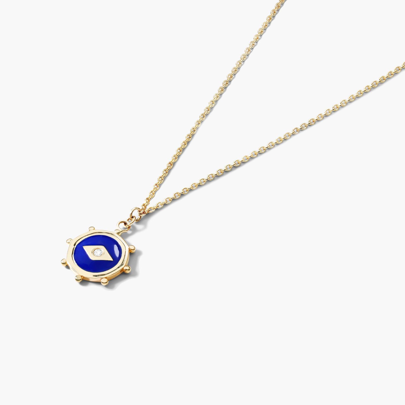 14K Yellow Gold Dark Blue Enamel Nautical Diamond Medallion Necklace