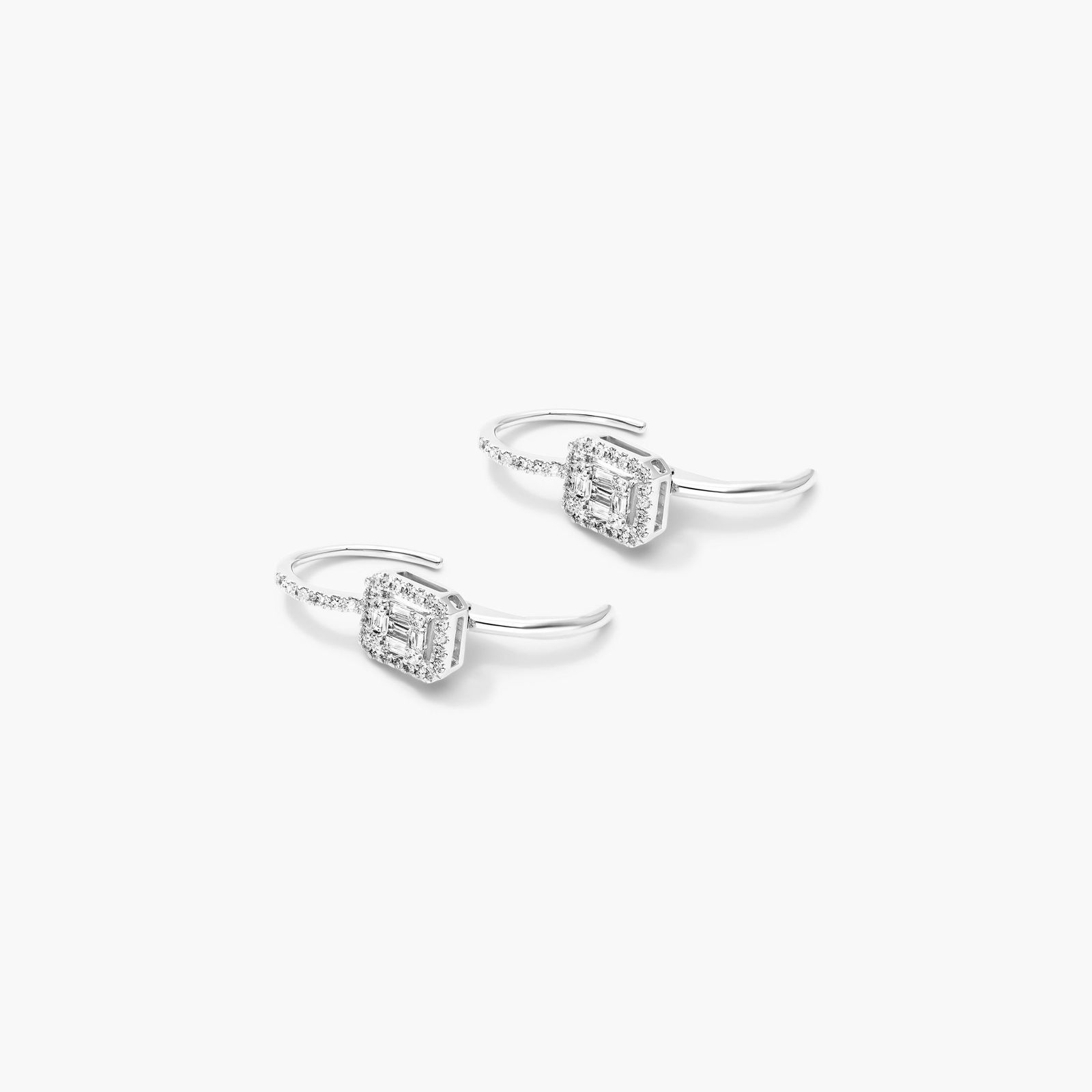 Composite Diamond Leverback Earrings With Baguette Cut And Round Diamonds In 14K White Gold