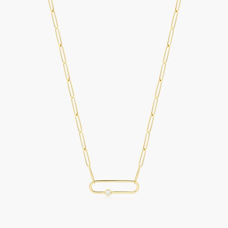 Oval Link Paperclip Diamond Necklace In 14K Yellow Gold