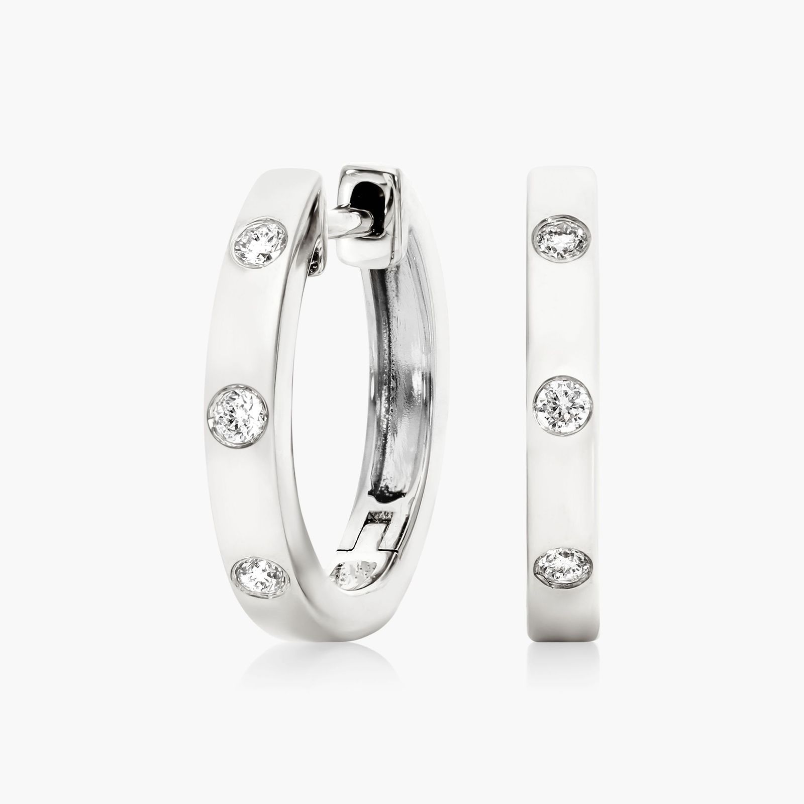 14K White Gold Diamond Bezel Huggie Hoop Earrings-81424w14