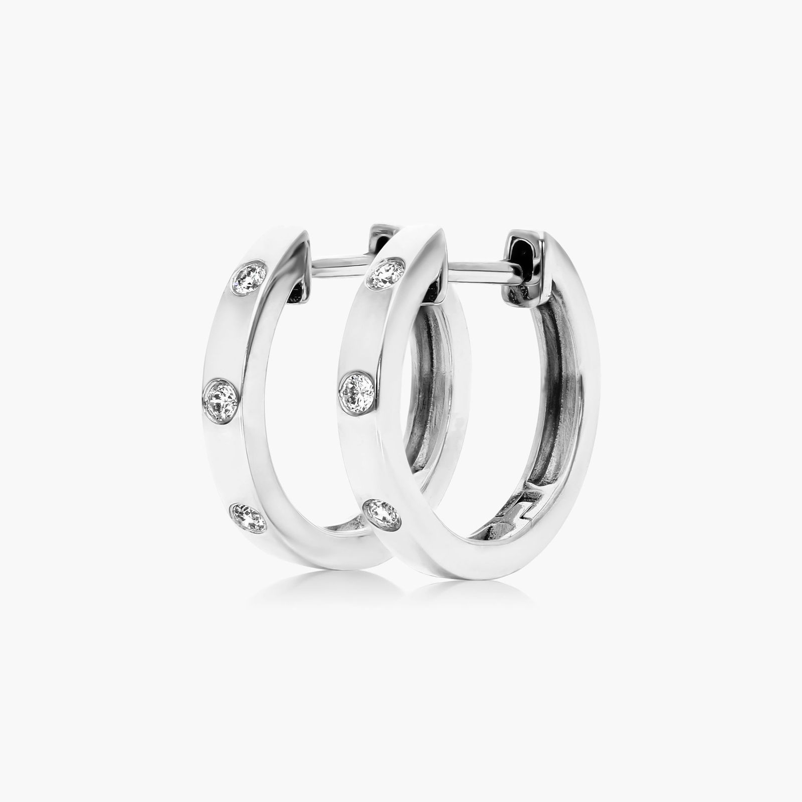 14K White Gold Diamond Bezel Huggie Hoop Earrings