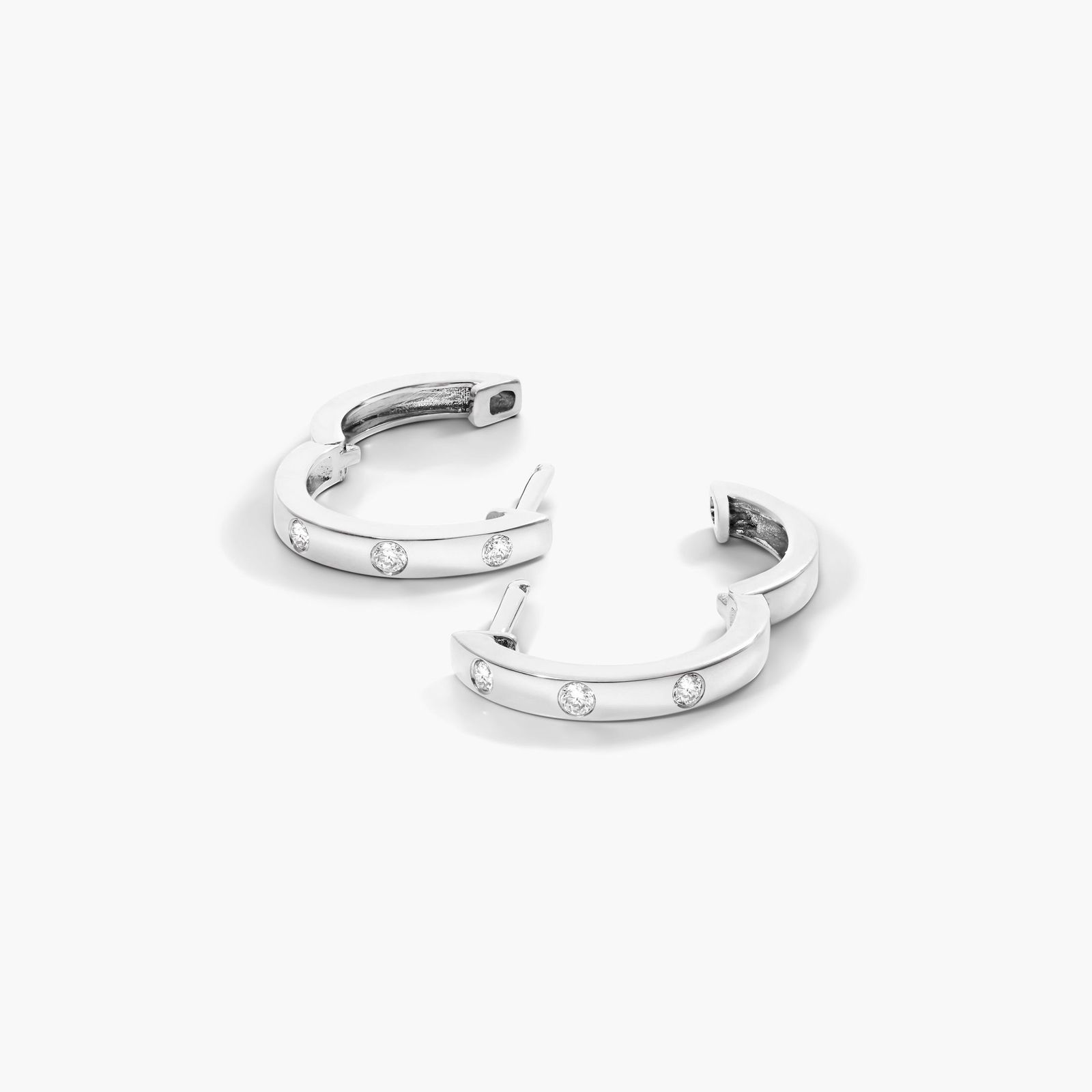 14K White Gold Diamond Bezel Huggie Hoop Earrings