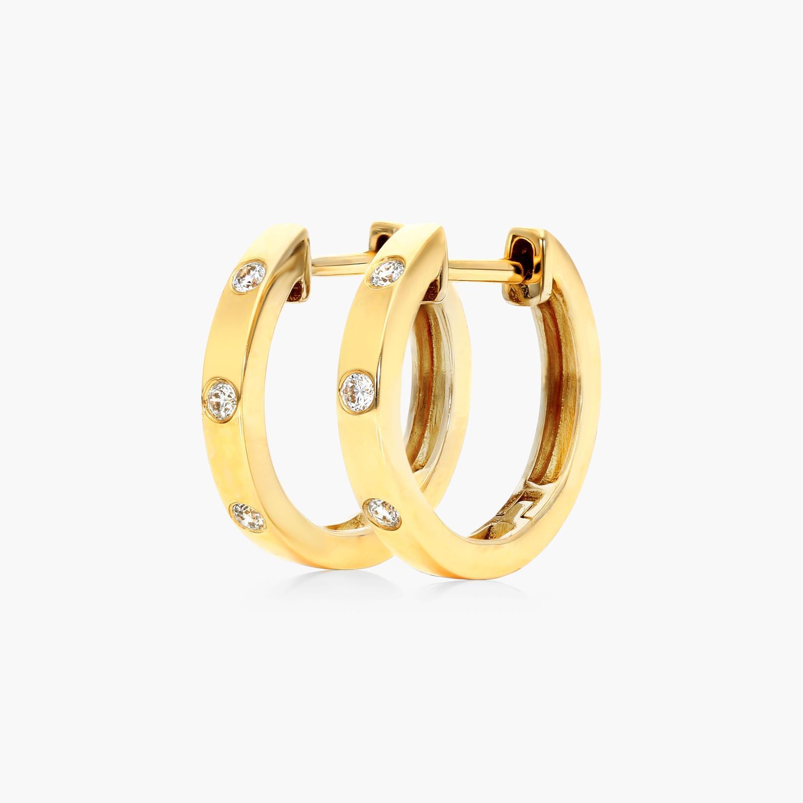 Bezel Diamond Huggie Hoop Earrings In 14K Yellow Gold