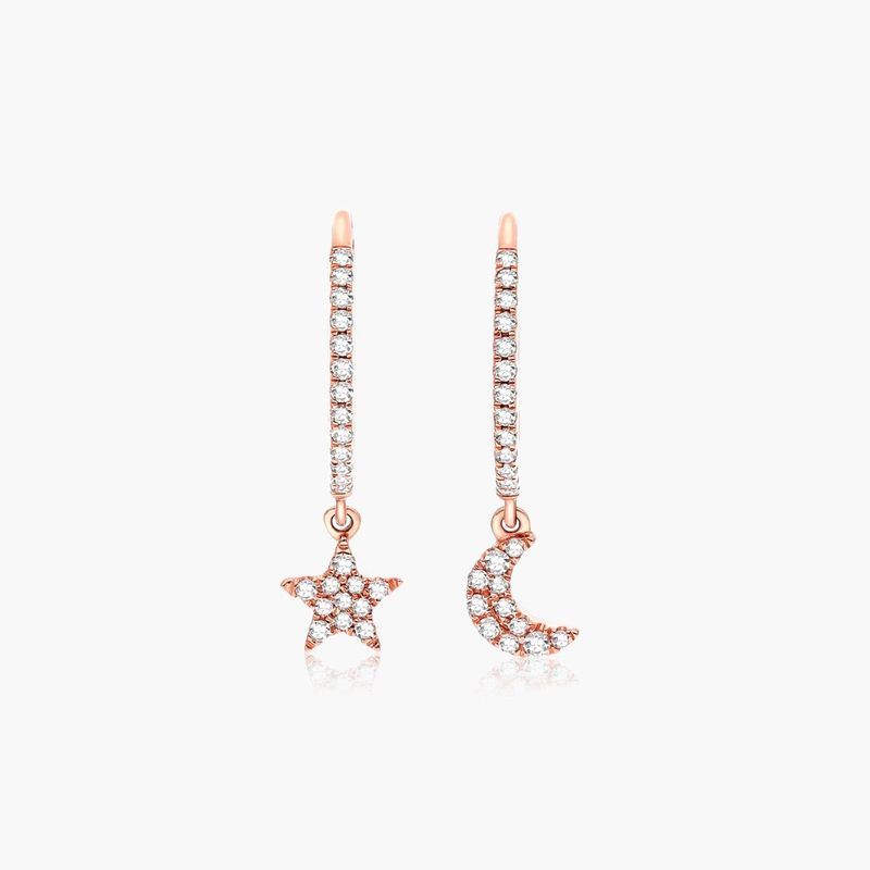 Dangling Star And Moon Diamond Huggie Hoop Earrings In 14K Rose Gold