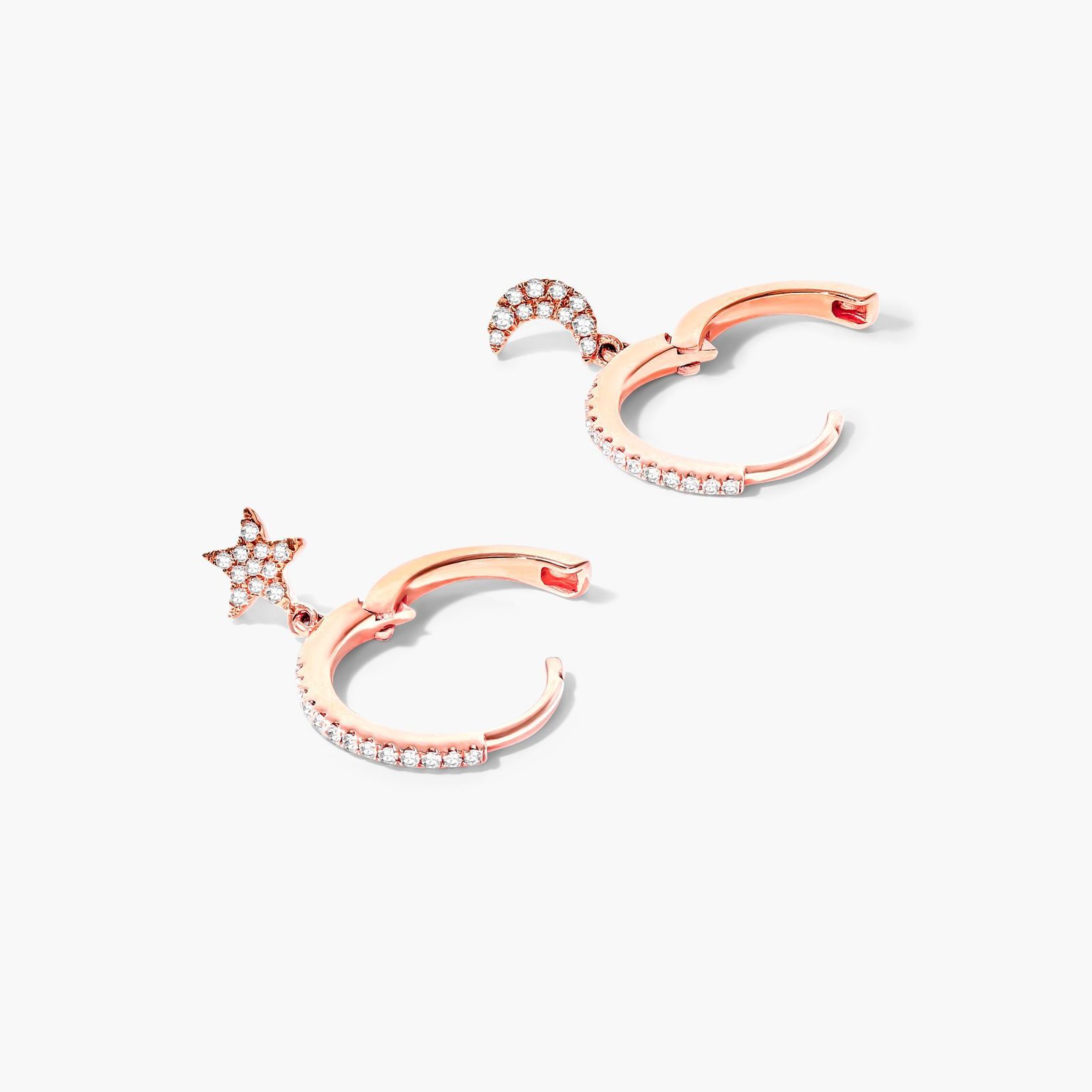 Dangling Star And Moon Diamond Huggie Hoop Earrings In 14K Rose Gold