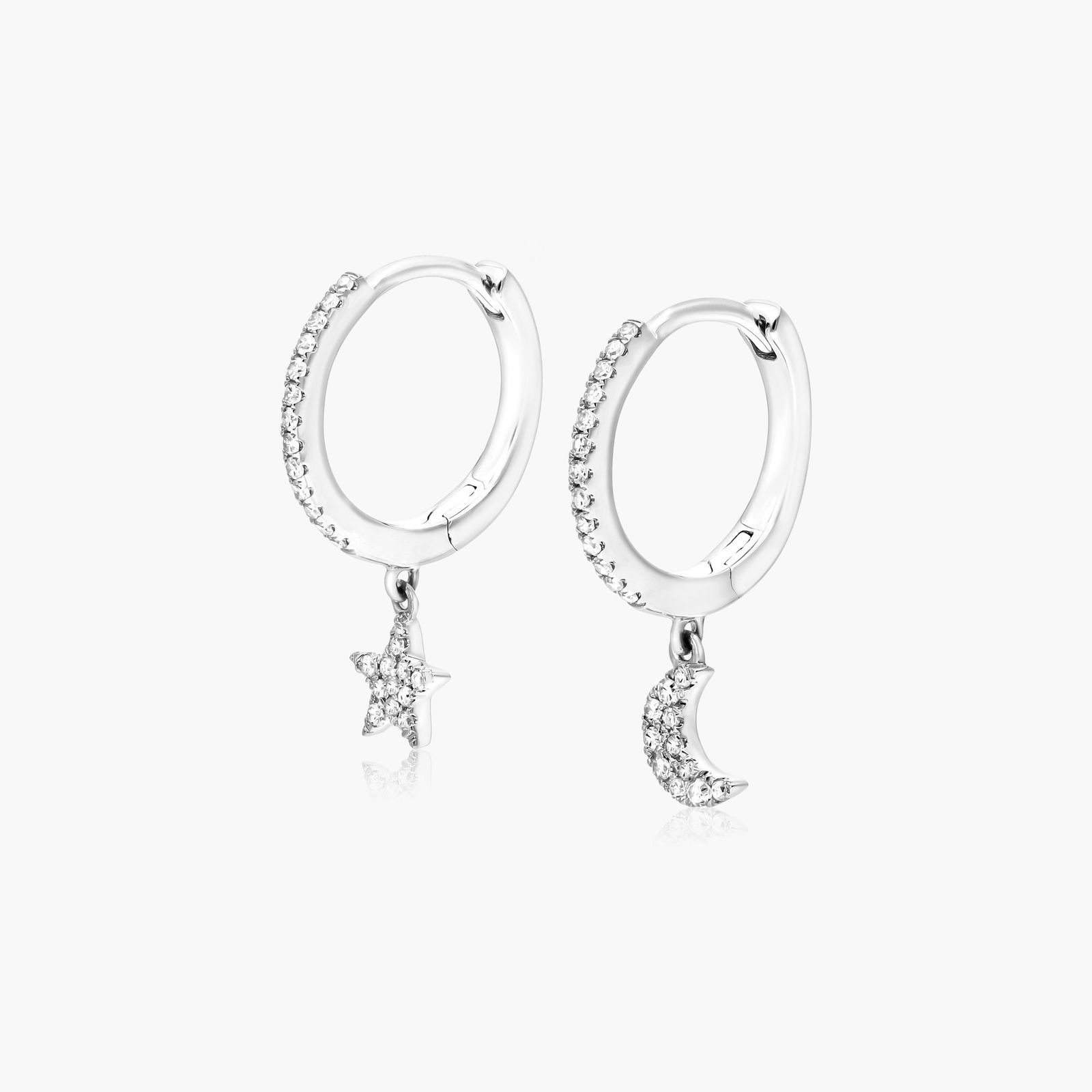 Dangling Star And Moon Diamond Huggie Hoop Earrings In 14K White Gold