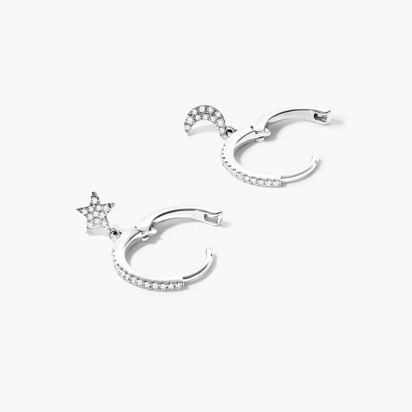 Dangling Star And Moon Diamond Huggie Hoop Earrings In 14K White Gold