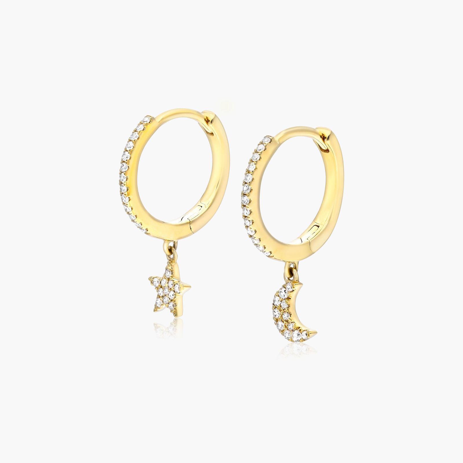 Dangling Star And Moon Diamond Huggie Hoop Earrings In 14K Yellow Gold
