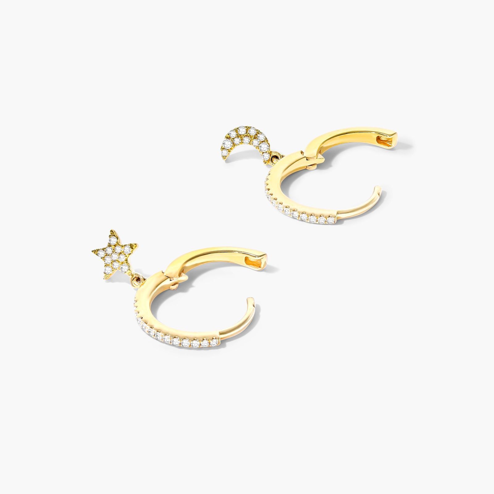Dangling Star And Moon Diamond Huggie Hoop Earrings In 14K Yellow Gold