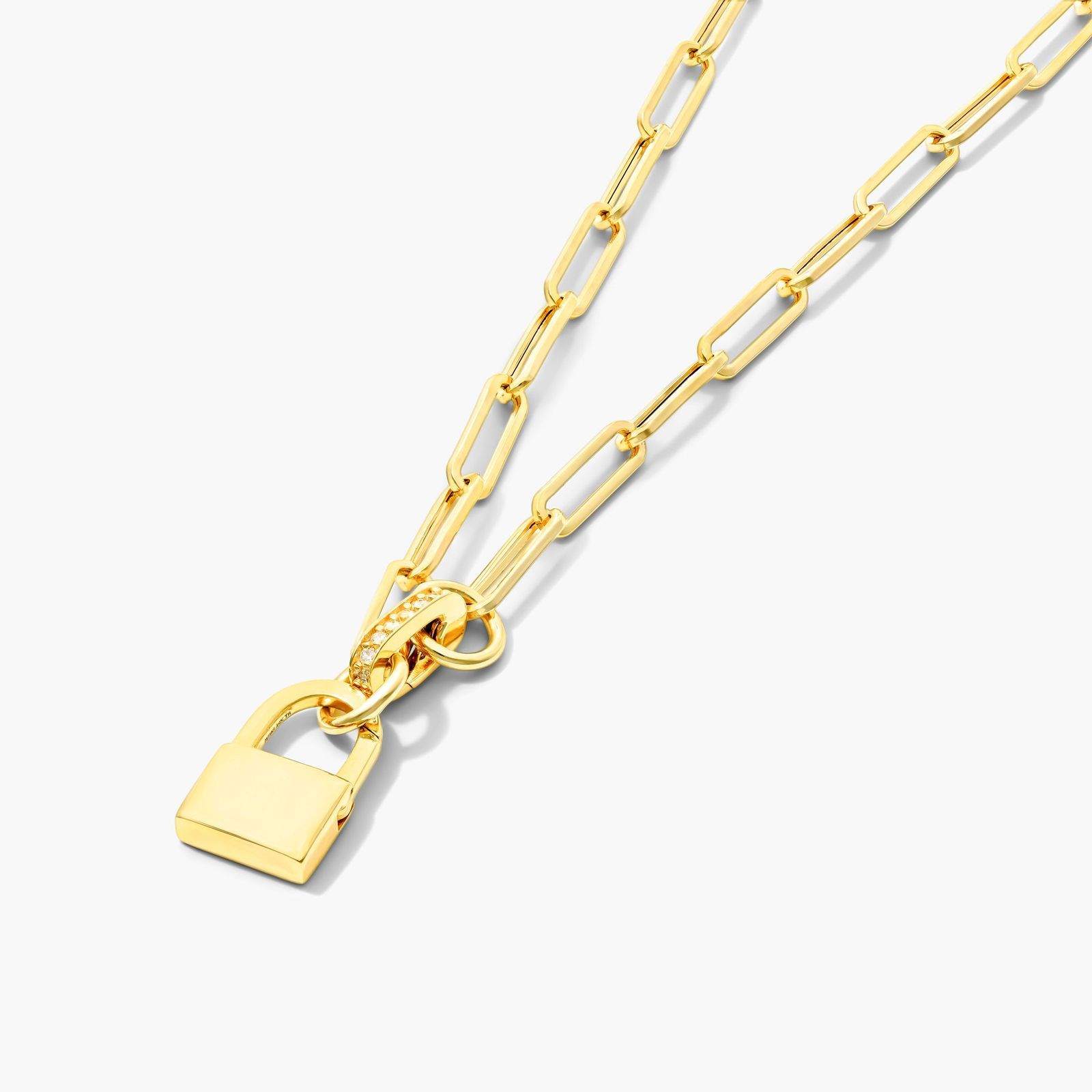 Padlock Push Lock Paperclip Split Chain Necklace In 14K Yellow Gold