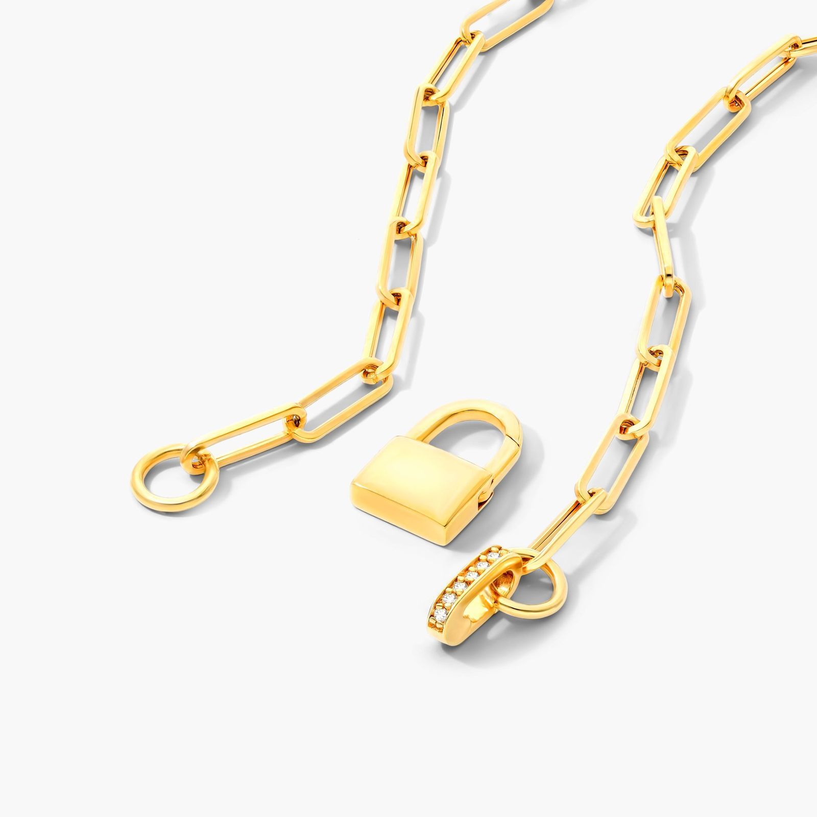 Padlock Push Lock Paperclip Split Chain Necklace In 14K Yellow Gold