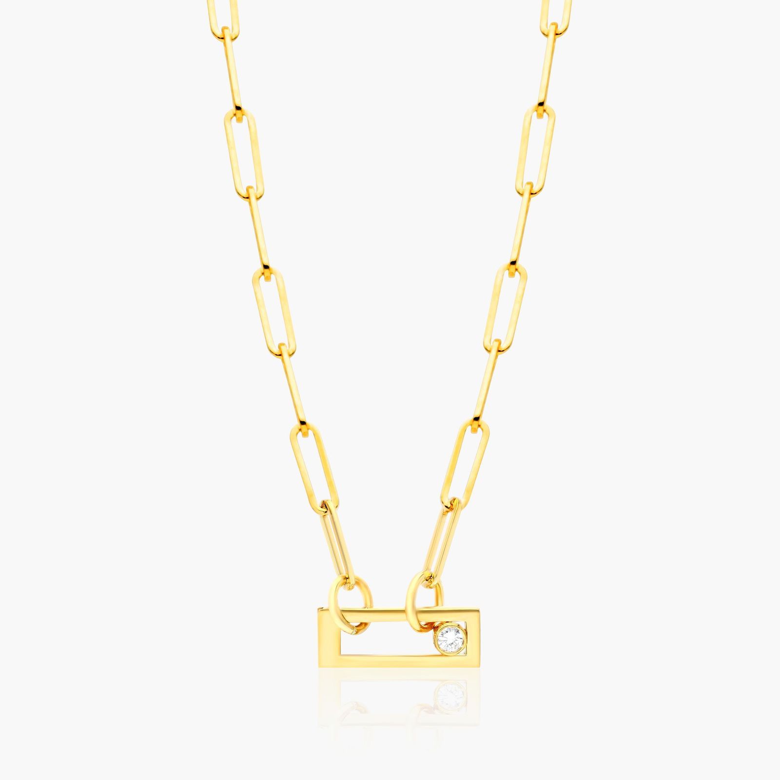Rectangular Push Lock Paperclip Split Chain Necklace In 14K Yellow Gold