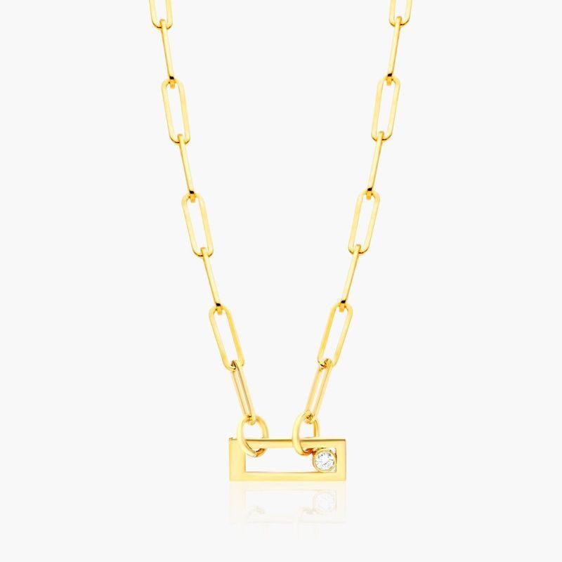 Rectangular Push Lock Paperclip Split Chain Necklace In 14K Yellow Gold