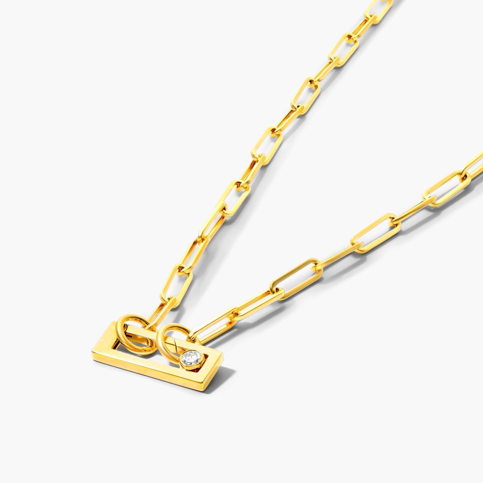 Rectangular Push Lock Paperclip Split Chain Necklace In 14K Yellow Gold