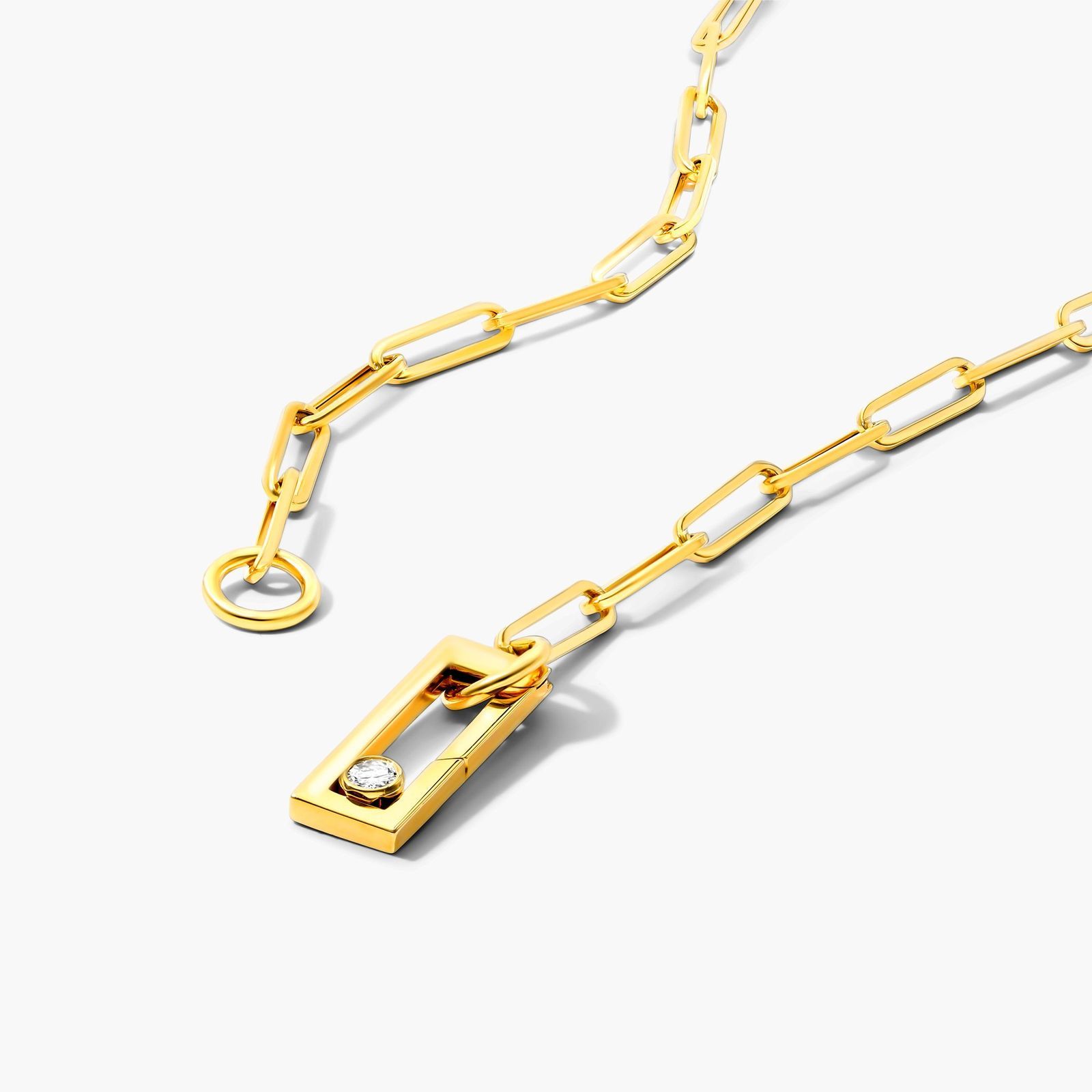 Rectangular Push Lock Paperclip Split Chain Necklace In 14K Yellow Gold