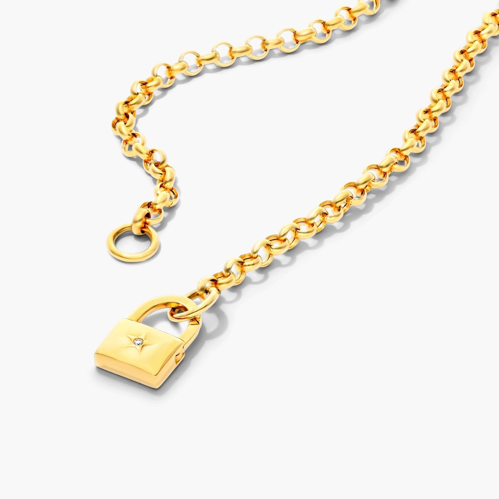 Diamond Accent Padlock Push Lock Rolo Split Chain Necklace In 14K Yellow Gold