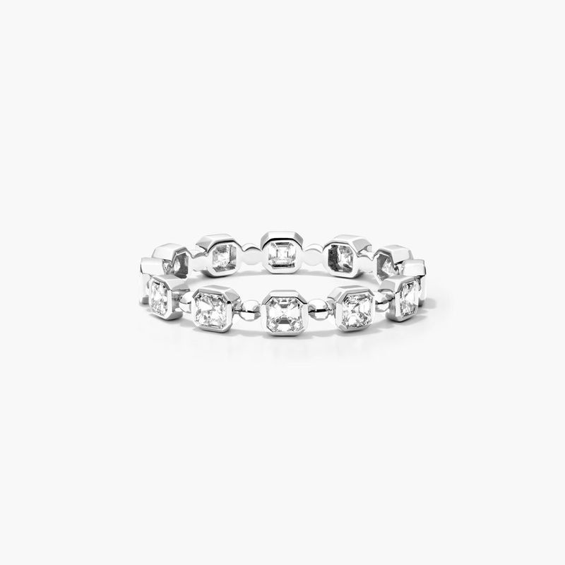 Alternating Bead And Asscher Cut Bezel Set Diamond Ring In 14K White Gold