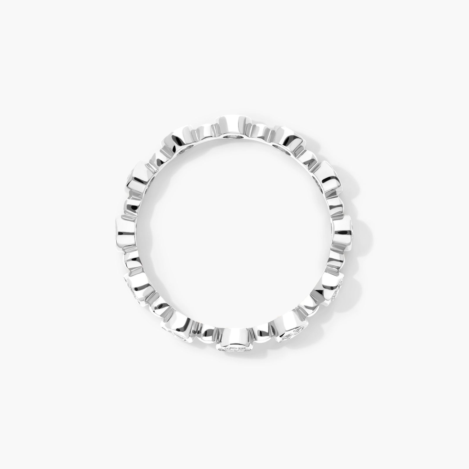 Alternating Bead And Round Bezel Set Diamond Ring In 14K White Gold