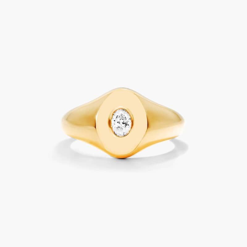Oval Cut Diamond Signet Ring In 14K Yellow Gold