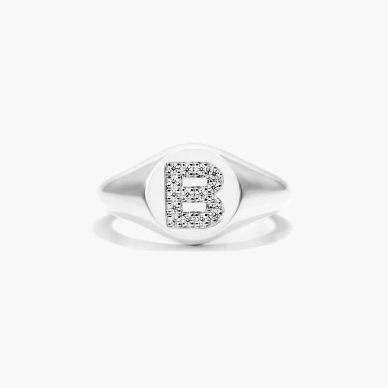 14K White Gold Diamond B Initial Signet Ring