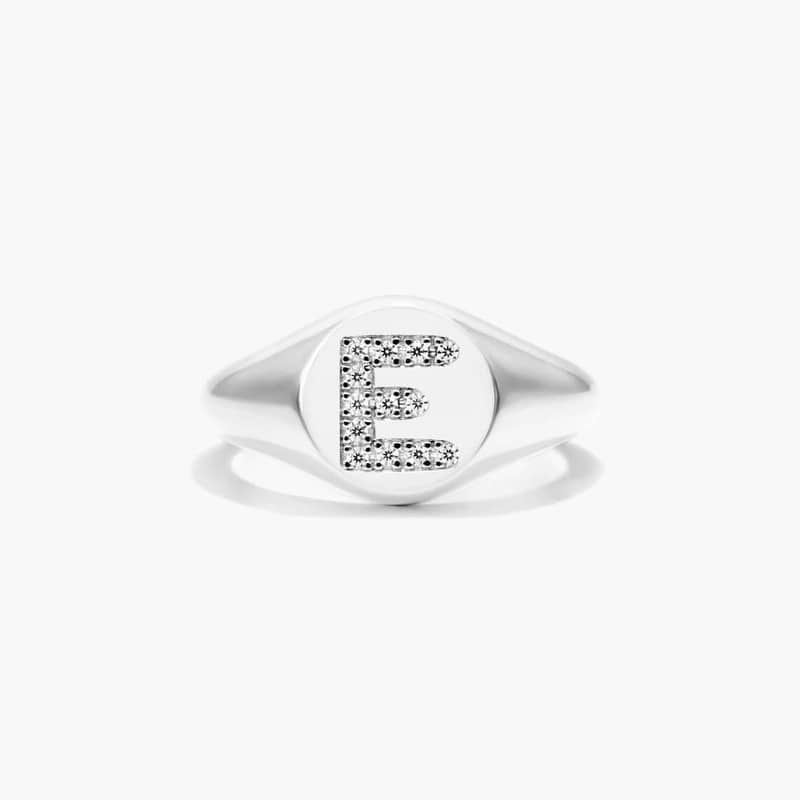 14K White Gold Diamond E Initial Signet Ring