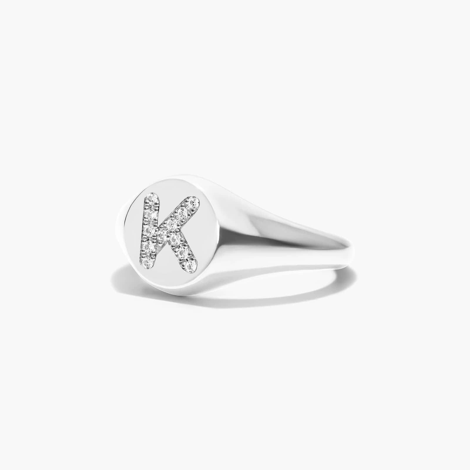 Diamond K Initial Signet Ring In 14K White Gold