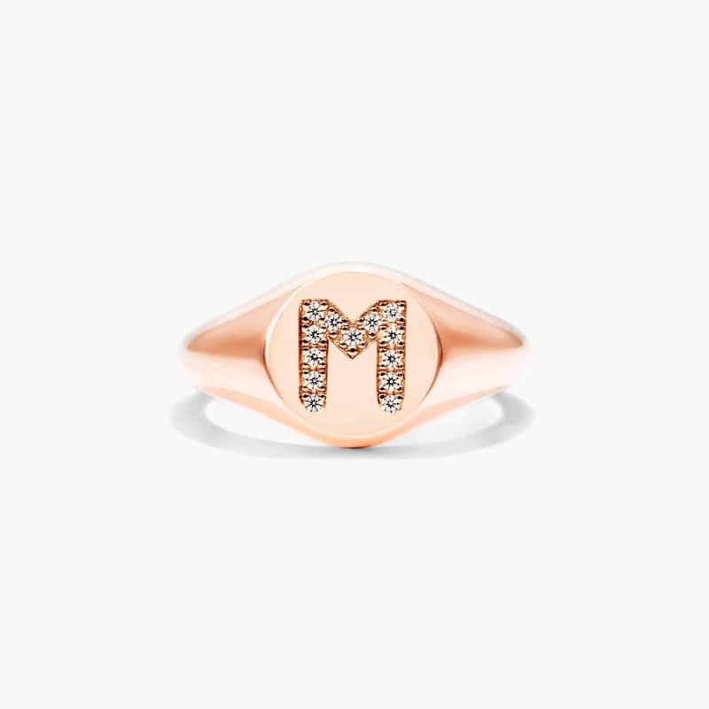 14K Rose Gold Diamond M Initial Signet Ring