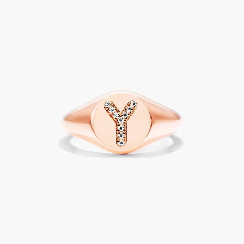 14K Rose Gold Diamond Y Initial Signet Ring