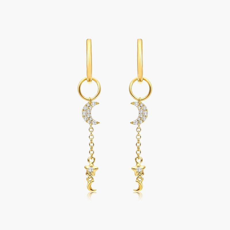 Moon And Star Diamond Huggie Drop Earrings In 14K Yellow Gold By Brevani