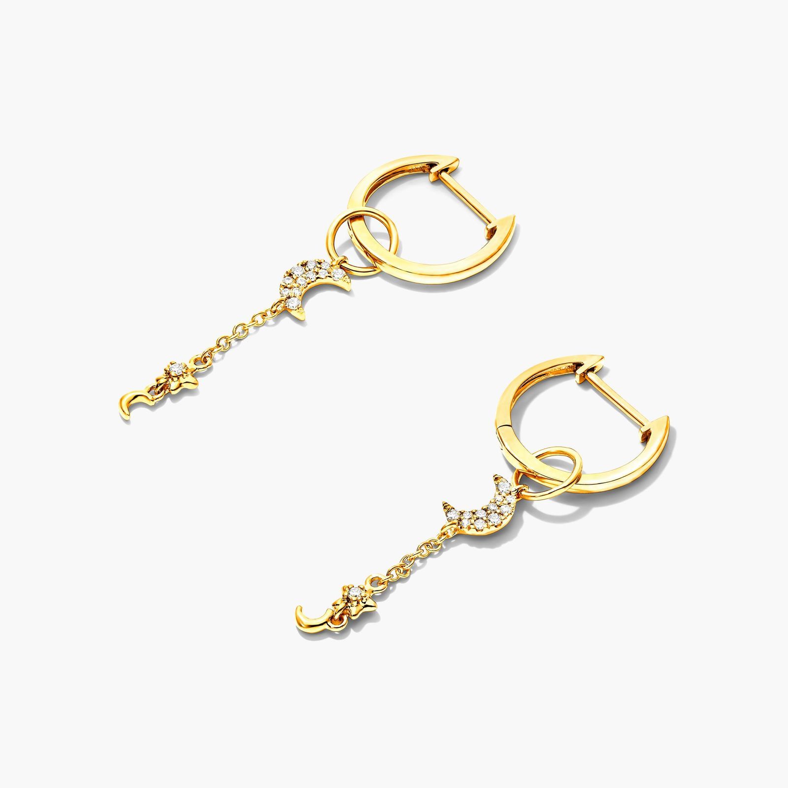 Moon And Star Diamond Huggie Drop Earrings In 14K Yellow Gold By Brevani