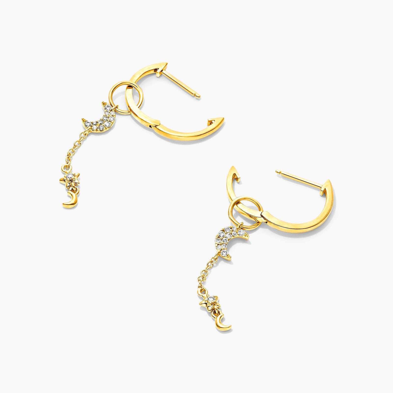 Moon And Star Diamond Huggie Drop Earrings In 14K Yellow Gold By Brevani