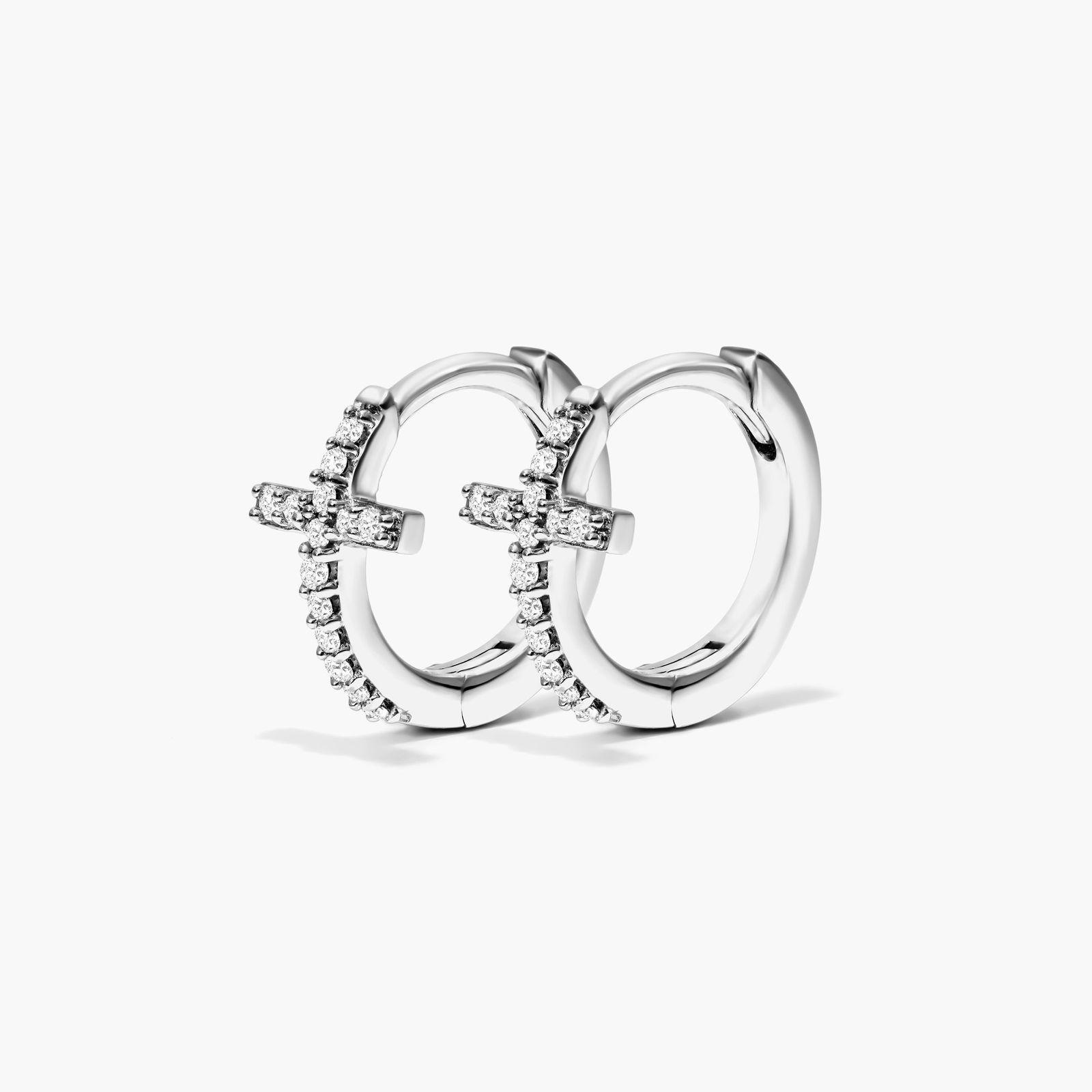 Cross Diamond Huggie Hoop Earrings In 14K White Gold By Brevani