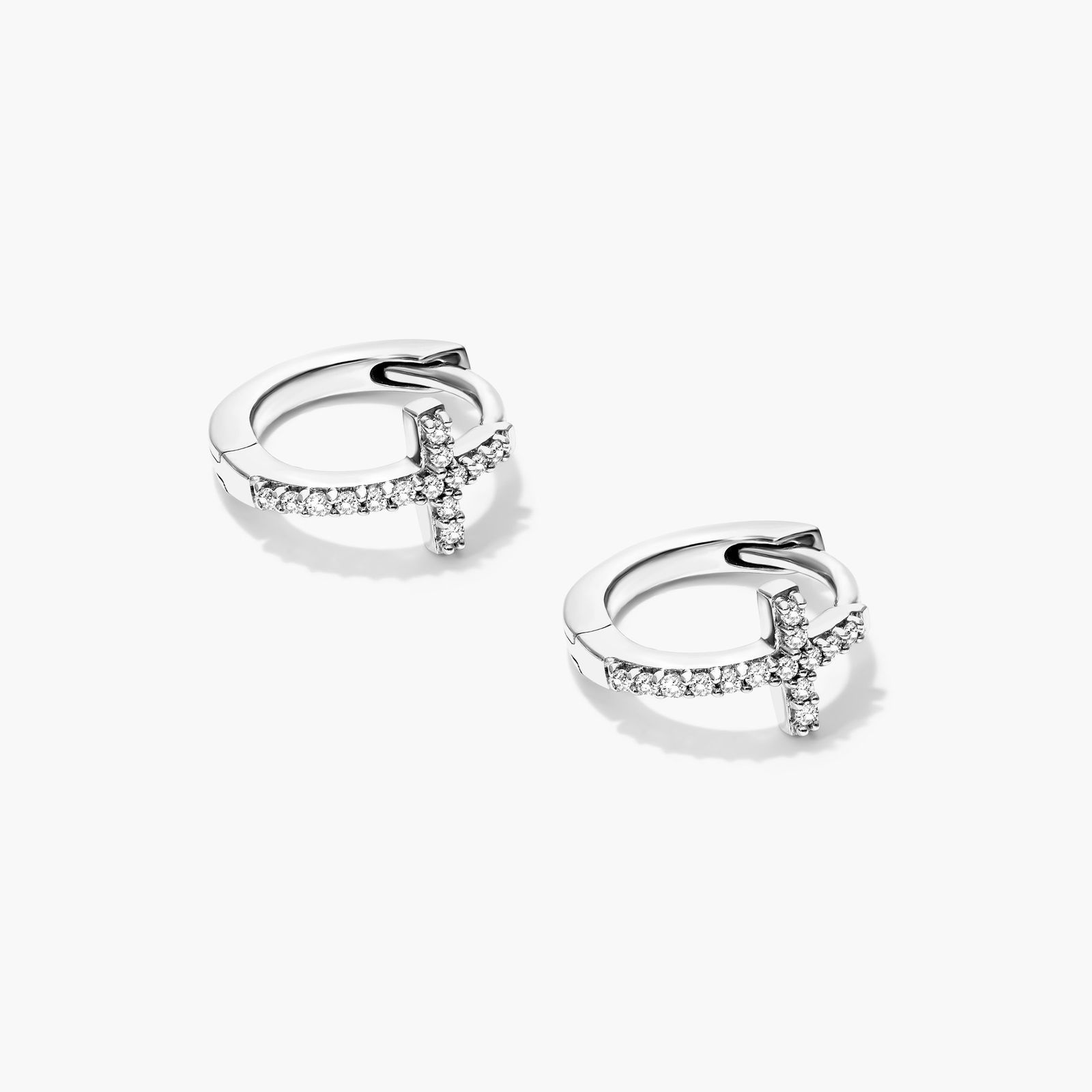 Cross Diamond Huggie Hoop Earrings In 14K White Gold By Brevani