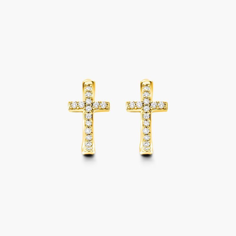 Cross Diamond Huggie Hoop Earrings In 14K Yellow Gold By Brevani