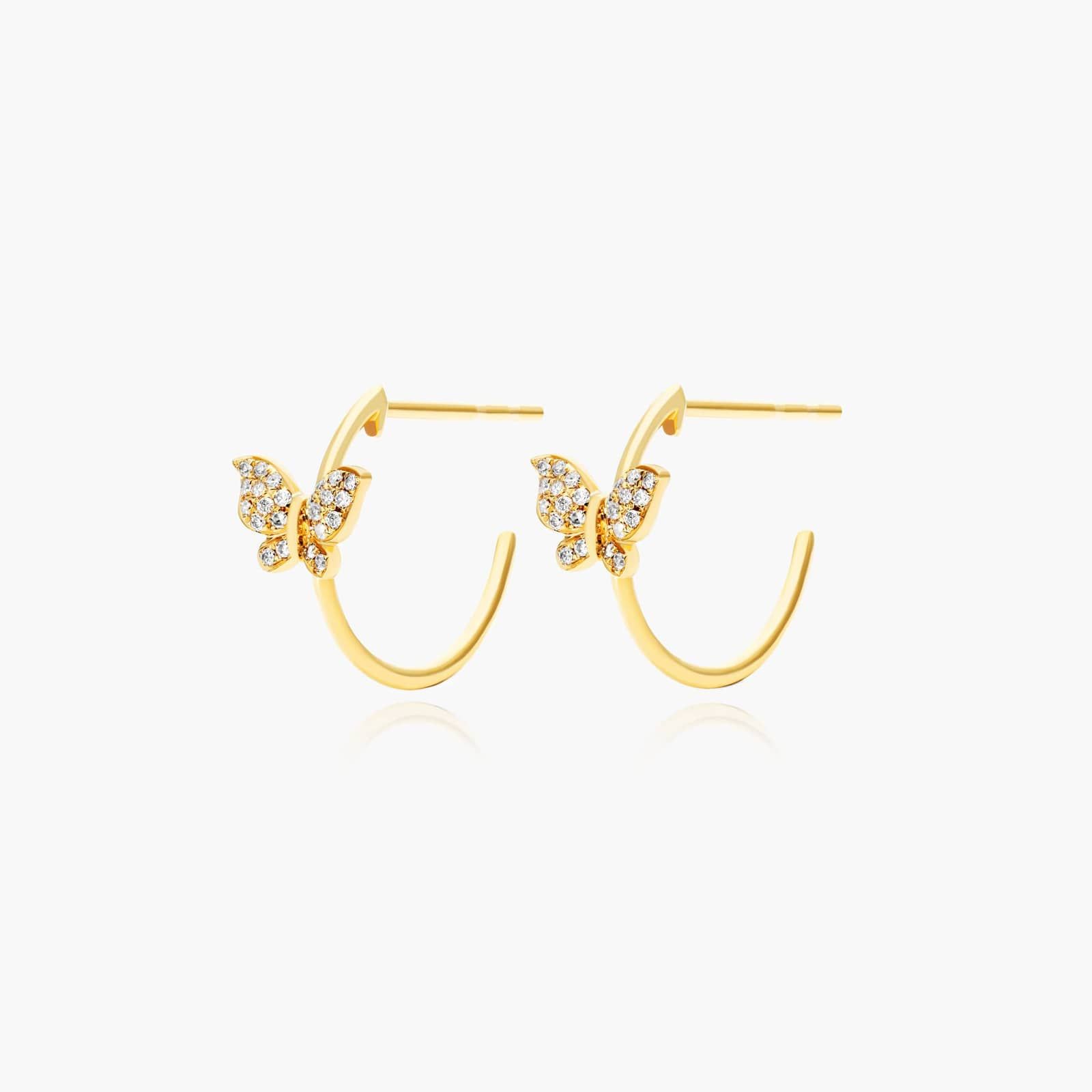 Butterfly Diamond Hoop Earrings In 14K Yellow Gold