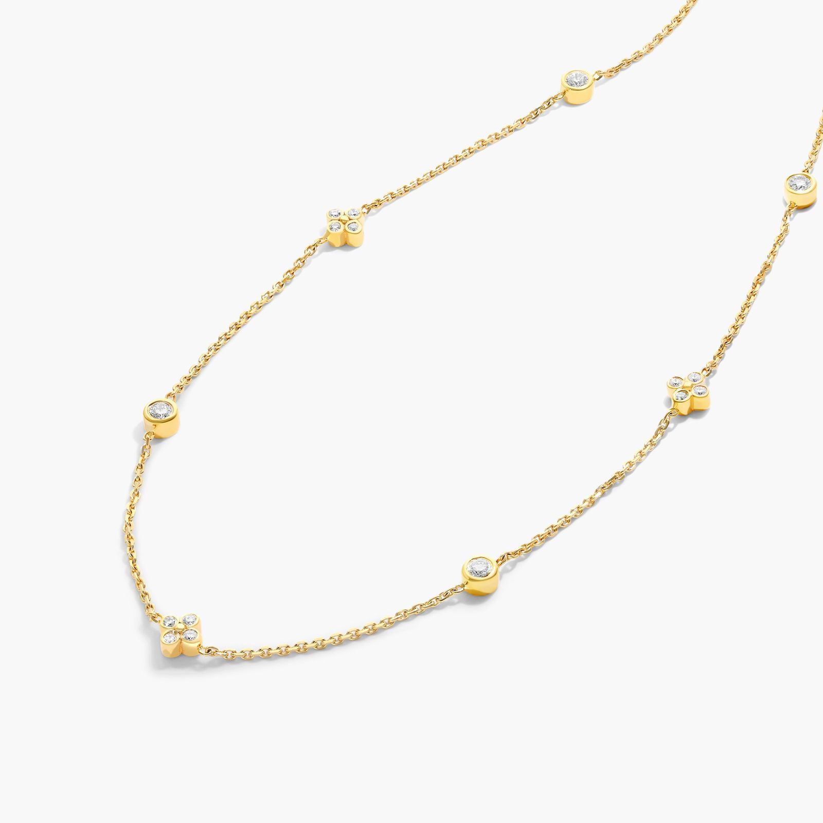 Diamond Cluster Station Necklace In 14K Yellow Gold