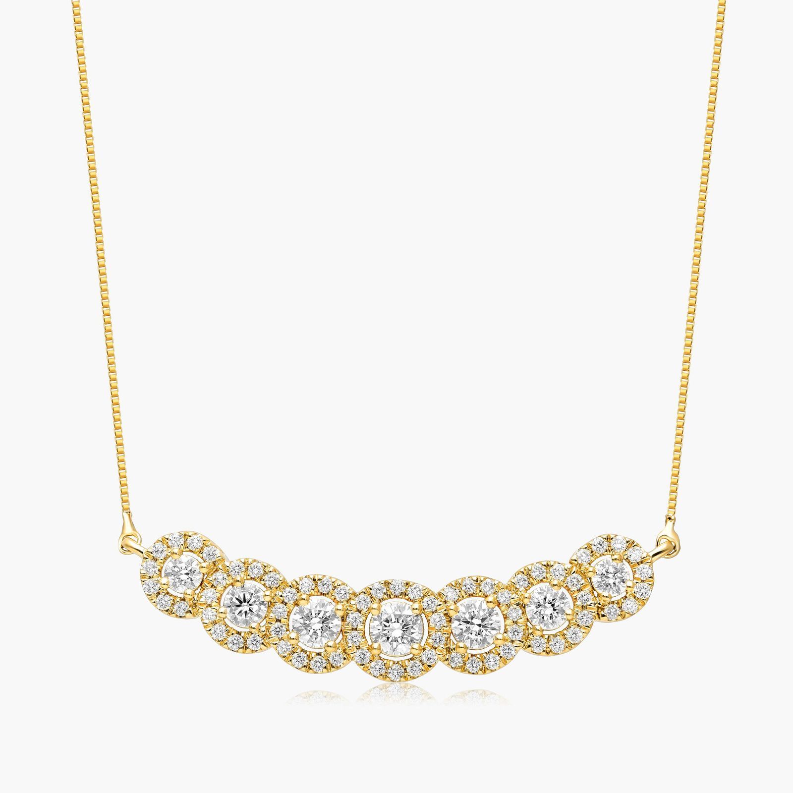 Seven Stone Halo Lab-Grown Diamond Necklace In 14K Yellow Gold