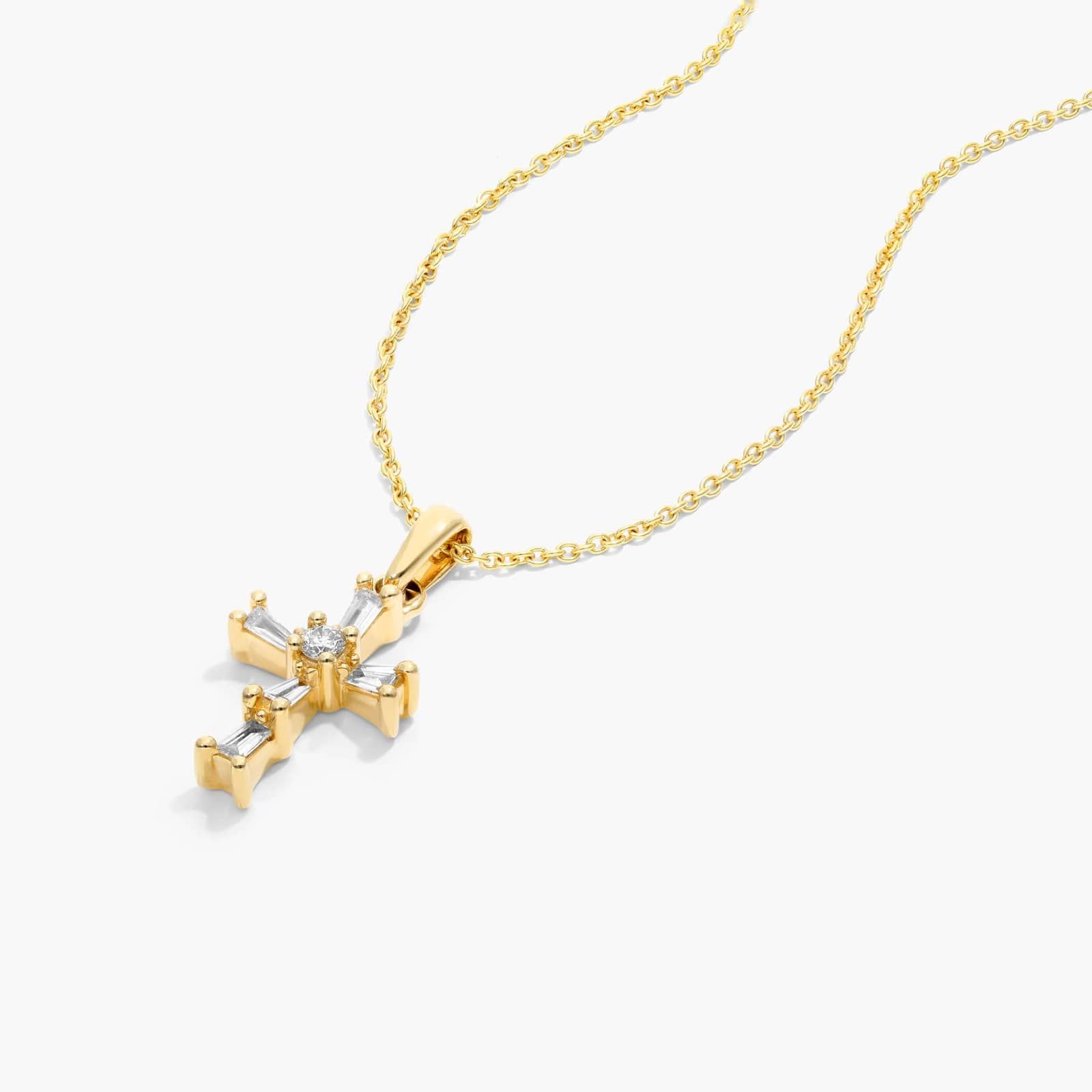 Moderne Cross Diamond Necklace In 14K Yellow Gold