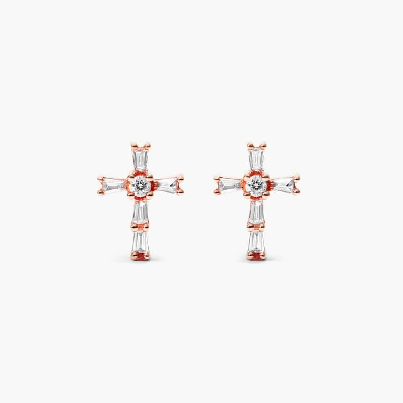 Moderne Cross Diamond Stud Earrings In 14K Rose Gold