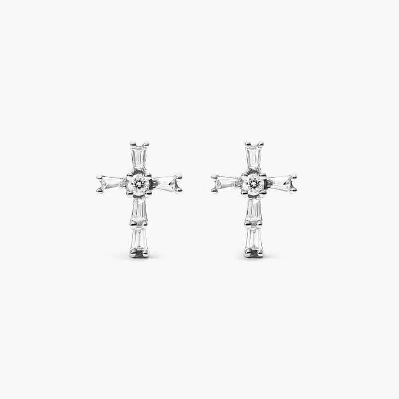 Moderne Cross Diamond Stud Earrings In 14K White Gold