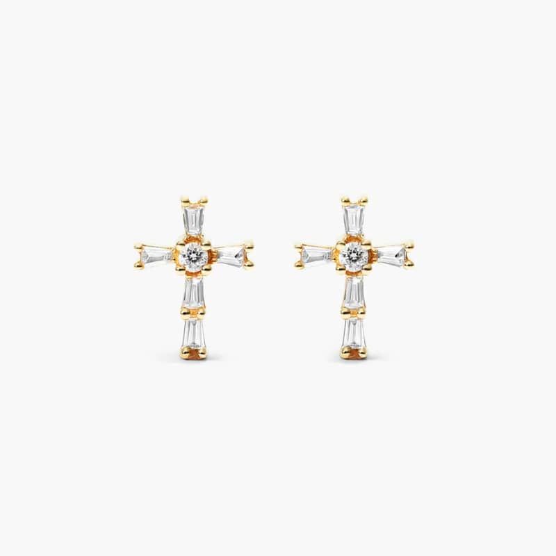 Moderne Cross Diamond Stud Earrings In 14K Yellow Gold