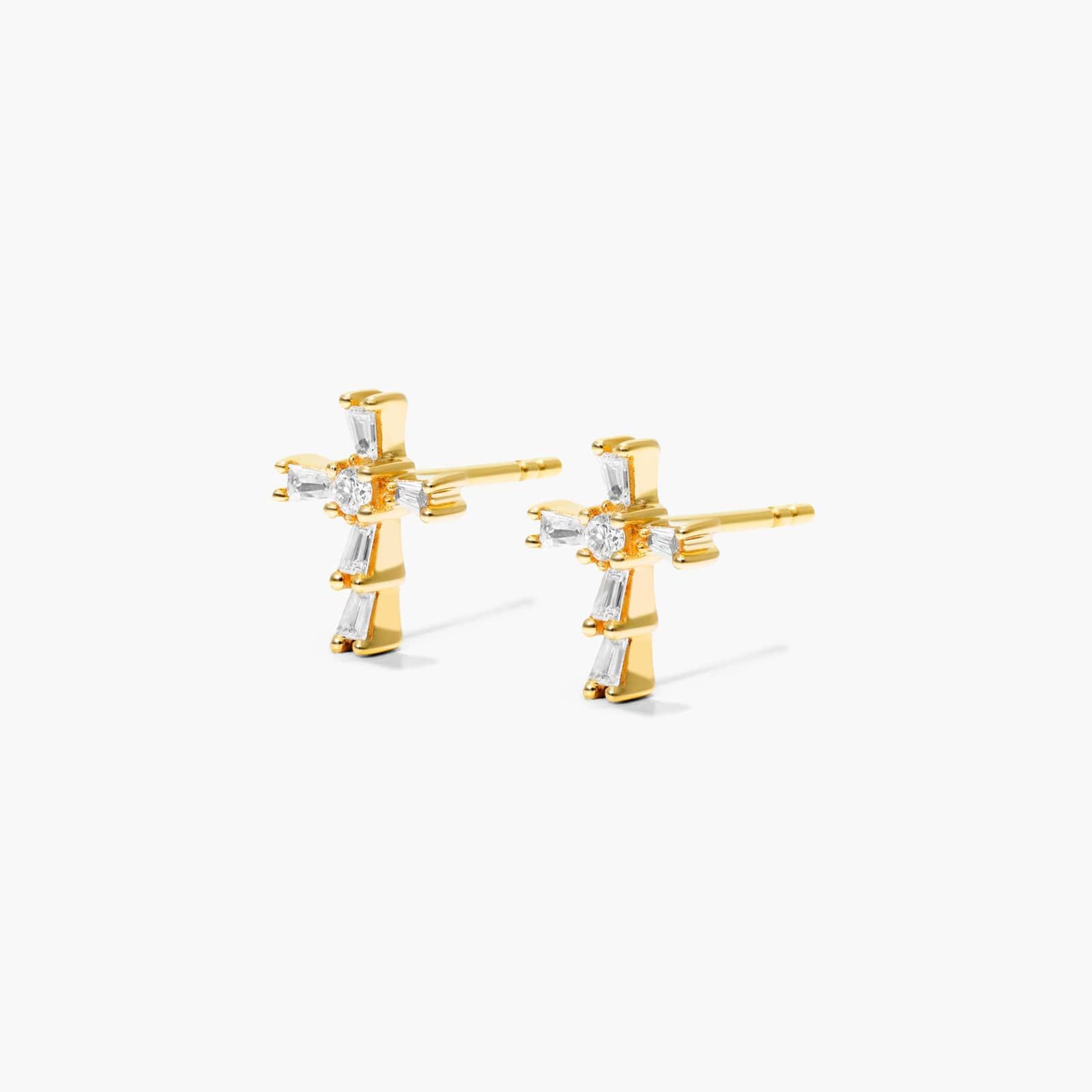 Moderne Cross Diamond Stud Earrings In 14K Yellow Gold