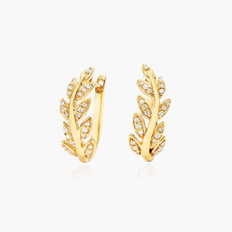 Diamond Leaf Hoop Earrings In 14K Yellow Gold