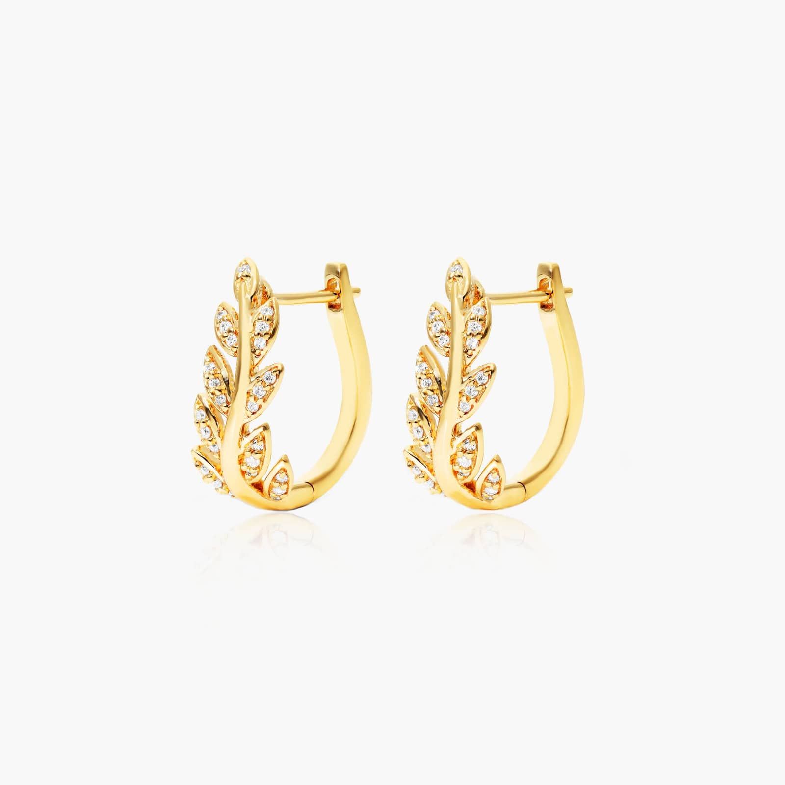 Diamond Leaf Hoop Earrings In 14K Yellow Gold