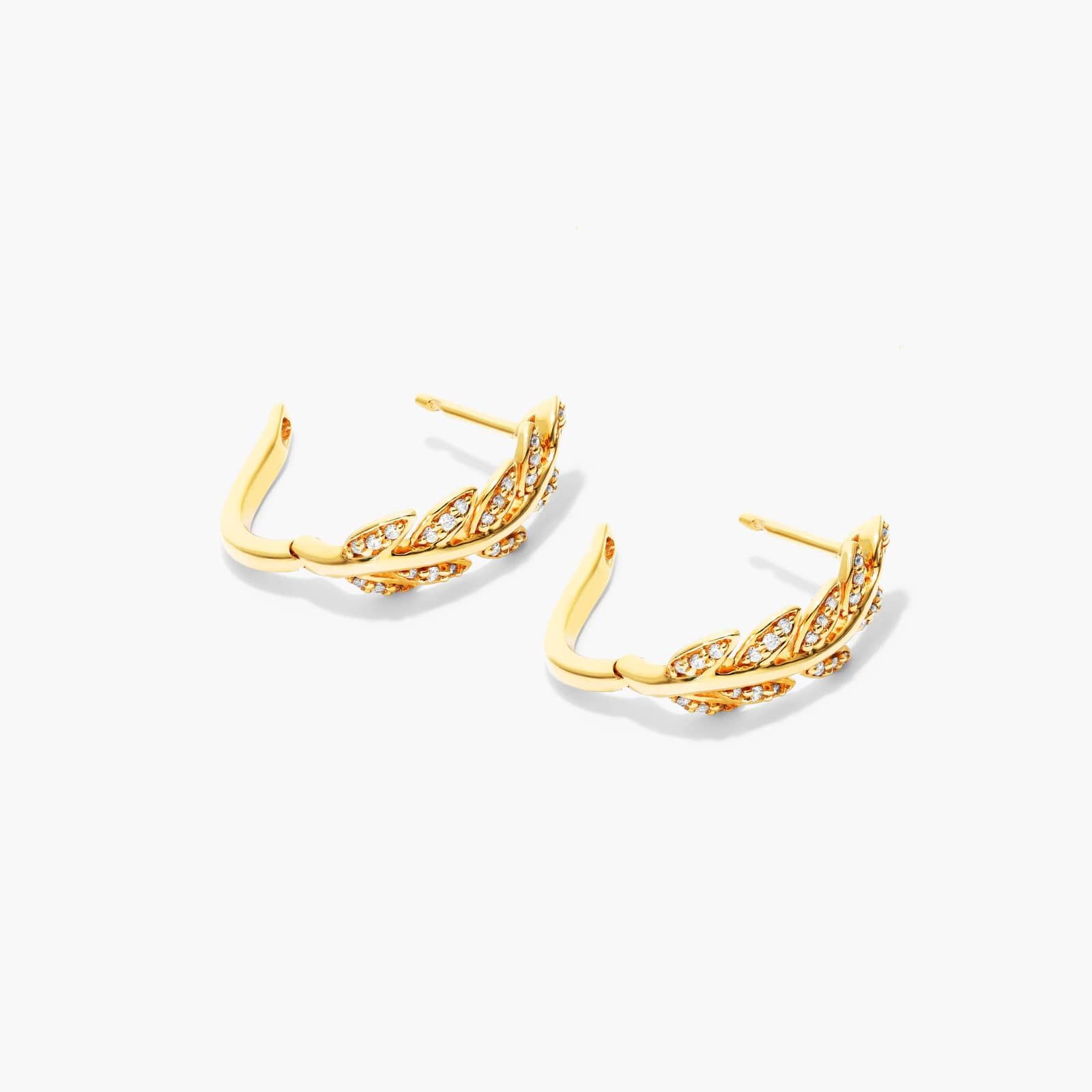 Diamond Leaf Hoop Earrings In 14K Yellow Gold