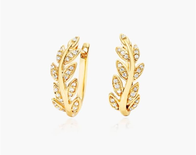 Diamond Leaf Hoop Earrings In 14K Yellow Gold-81658y14