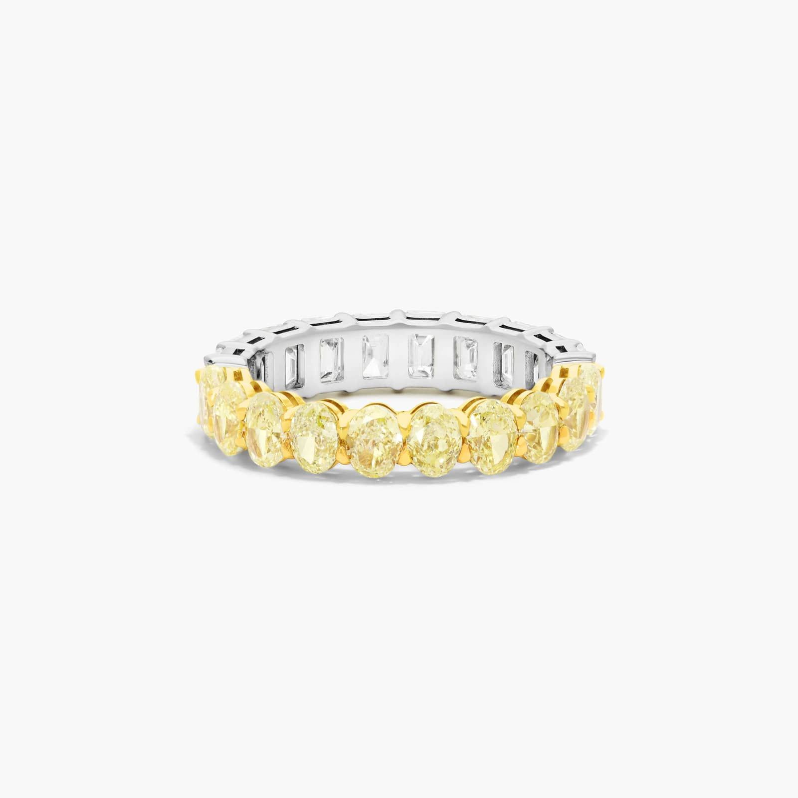 Half Emerald And Half Fancy Yellow Oval Cut Diamond Eternity Ring In 14K White Gold