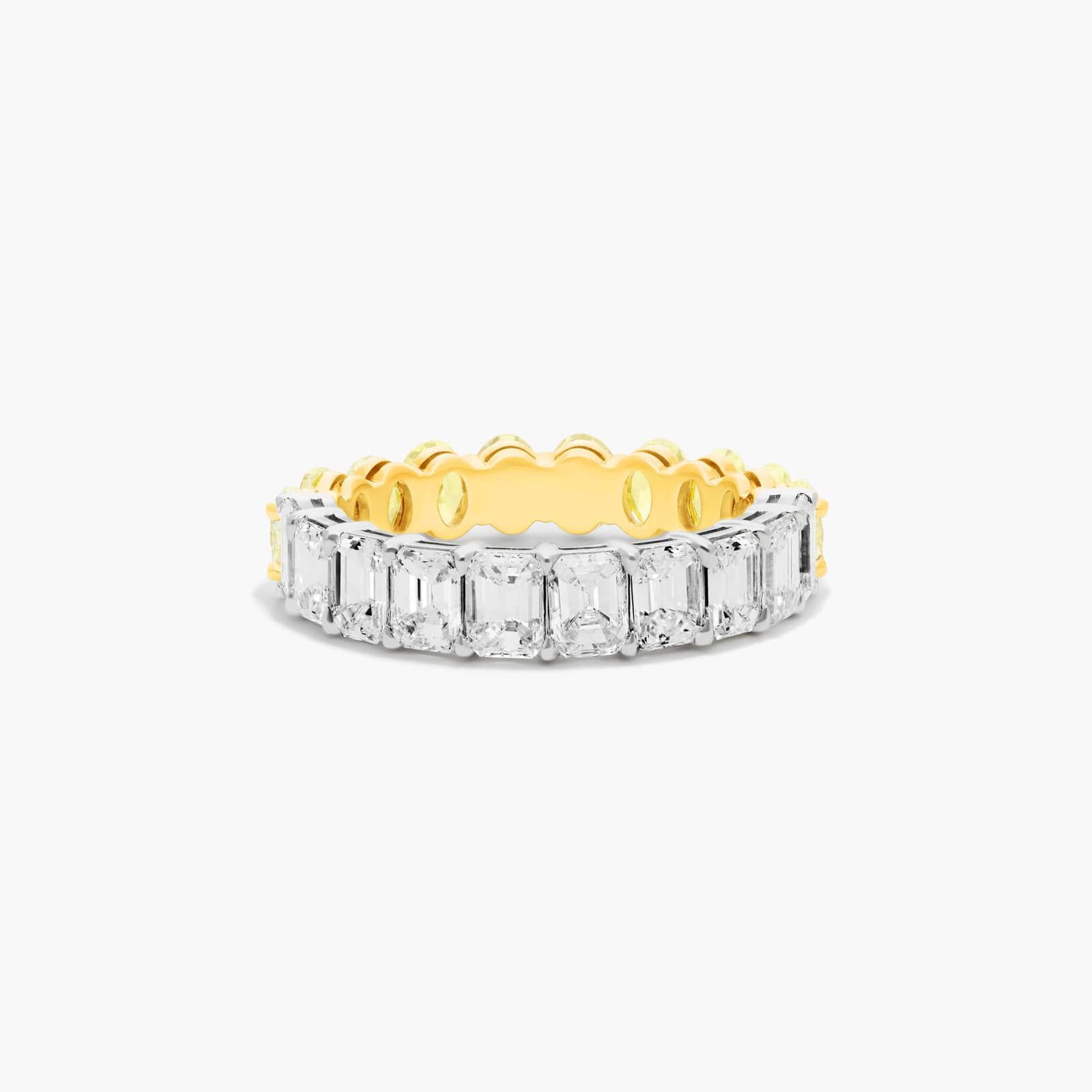 Half Emerald And Half Fancy Yellow Oval Cut Diamond Eternity Ring In 14K White Gold