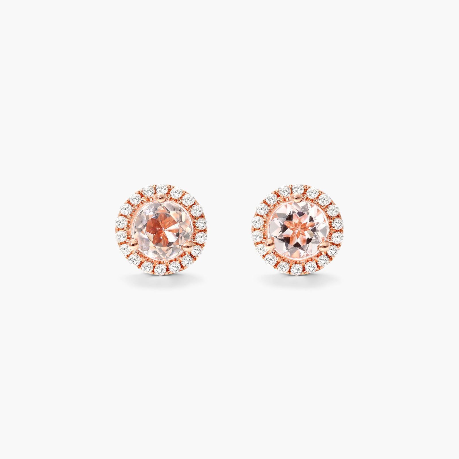 Round Morganite And Diamond Halo Stud Earrings In 14K Rose Gold