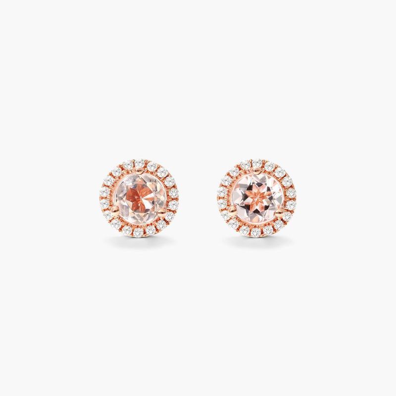 Round Morganite And Diamond Halo Stud Earrings In 14K Rose Gold
